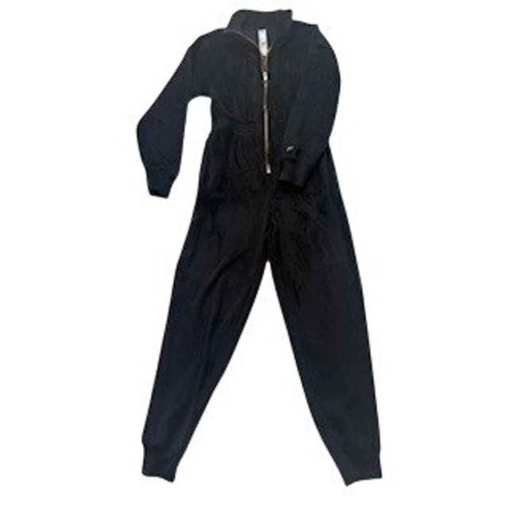 Fabletics Cozy Fleece Lounge Jumpsuit Black Zipper Pocket Athleisure Size L